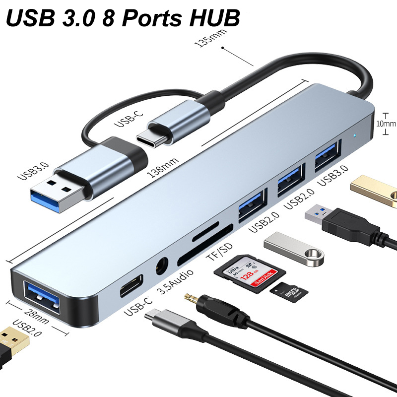 Usb Hub Type C - 8-in-1 USB-Typ-C 3.0 Hub mit 3,5-mm-Audioanschluss,
